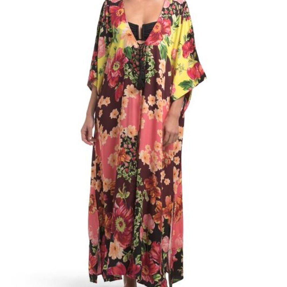 NWT AGUA BENDITA Selma Dawn Floral Maxi Cover Up Tunic Dress Tassel Tie V Neck